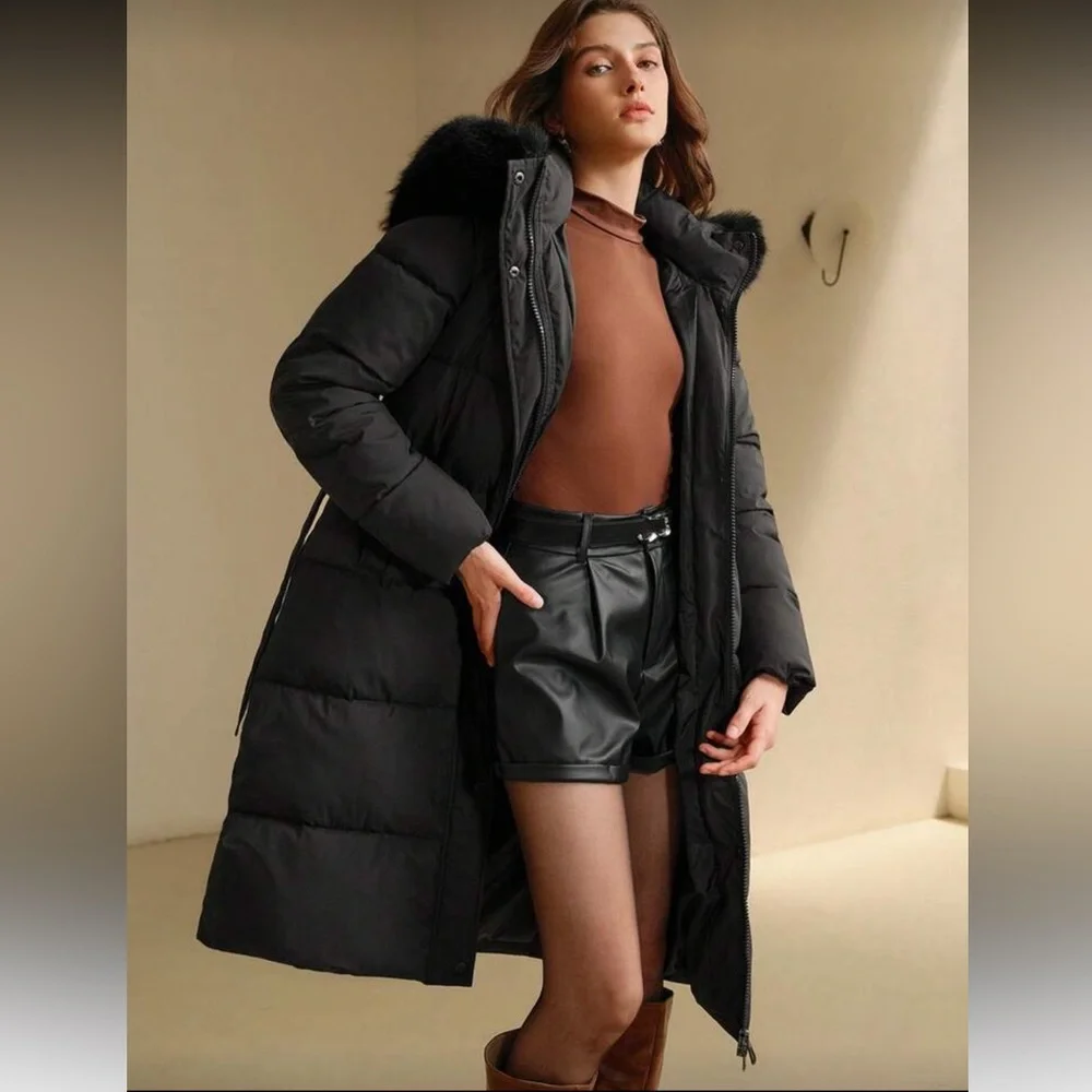 Faux fur lined hooded quilted puffer jacket long full length coat belted black - Picture 5 of 13